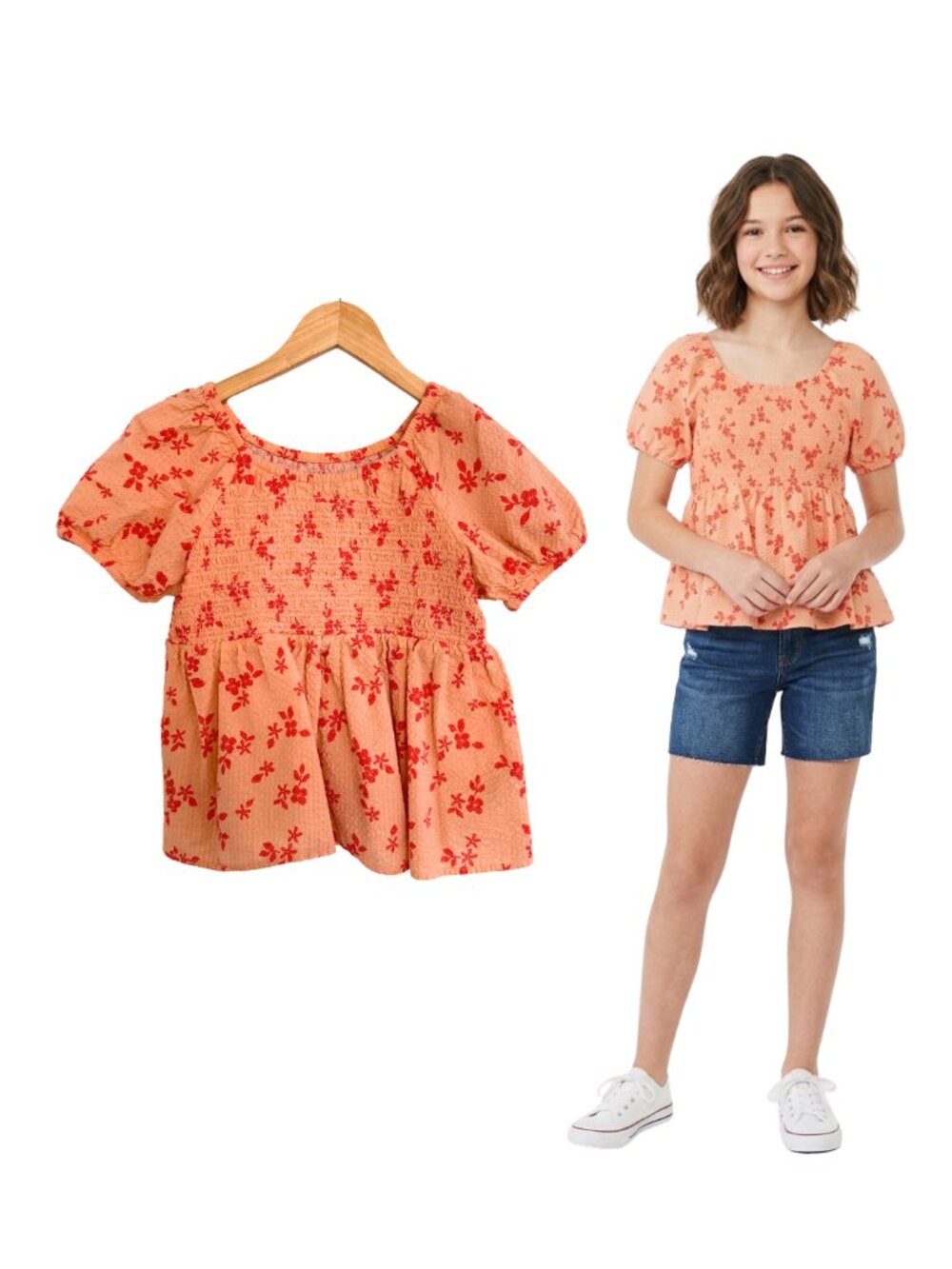 Cat & Jack Shirt Girls XL 14 Peach Orange Floral Smocked Ruffled Seersucker